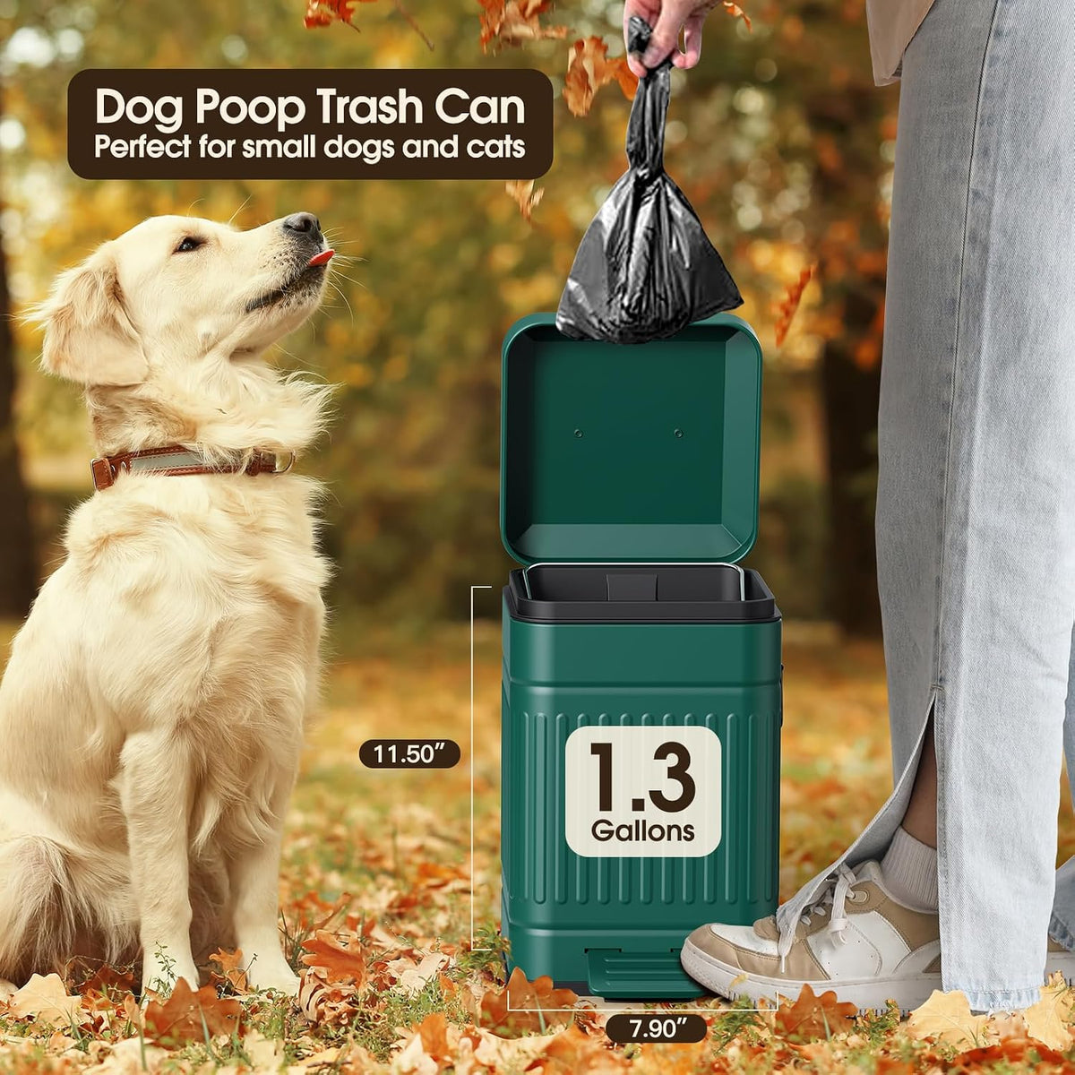 CEROELDA Small Trash Can with Lid-5L/1.3 Gal,Stainless Steel Outdoor Dog Poop Garbage Can-Farmhouse Retro Metal Waste Bin w/Step Pedal for Bathroom Bedroom Office-Soft Close-Black