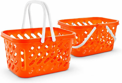 Pretend Play Toy Shopping Basket 2 Pack - Orange Plastic Grocery Baskets with Handles for Toddlers, Mini Market Kitchen Accessories & Play Food Storage
