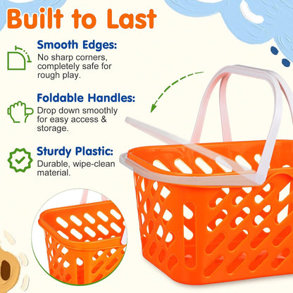 Pretend Play Toy Shopping Basket 2 Pack - Orange Plastic Grocery Baskets with Handles for Toddlers, Mini Market Kitchen Accessories & Play Food Storage