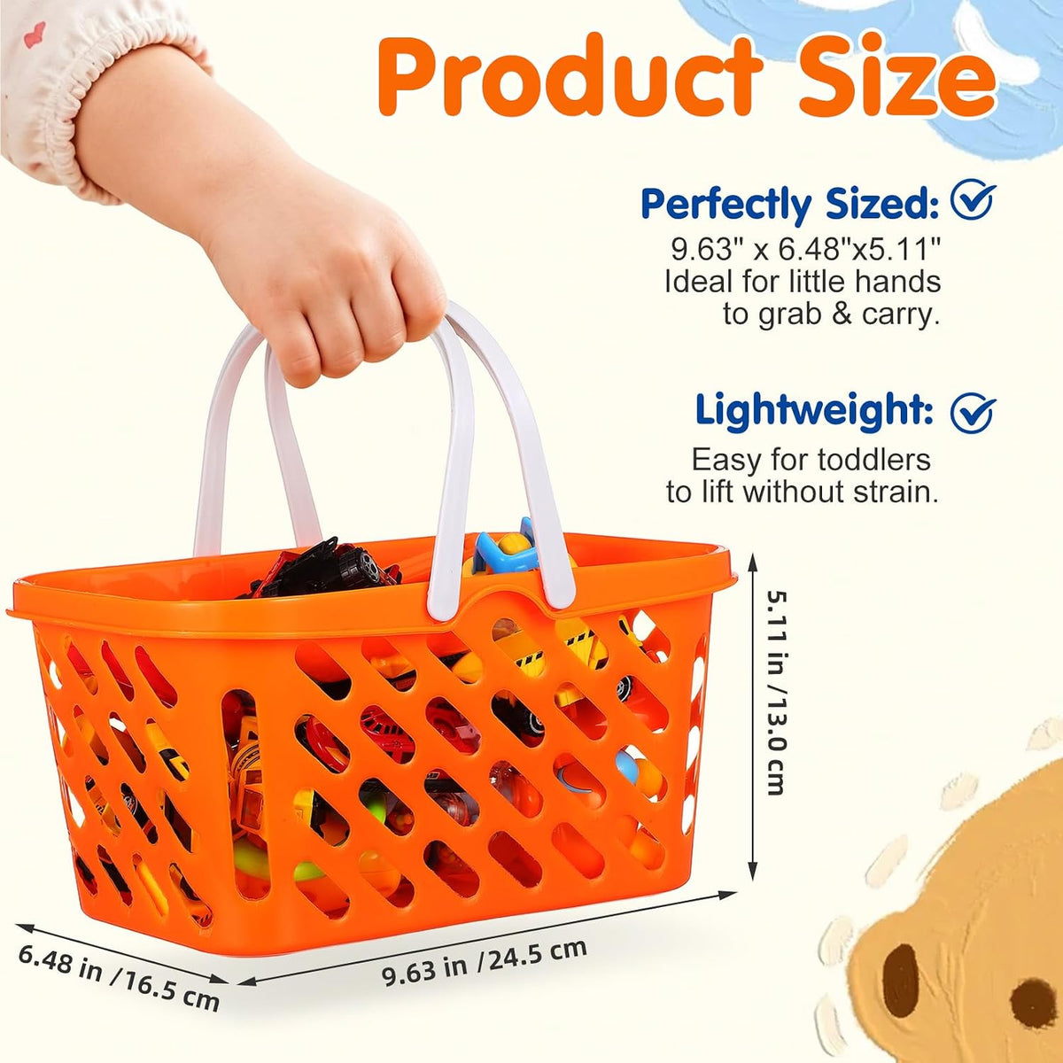 Pretend Play Toy Shopping Basket 2 Pack - Orange Plastic Grocery Baskets with Handles for Toddlers, Mini Market Kitchen Accessories & Play Food Storage
