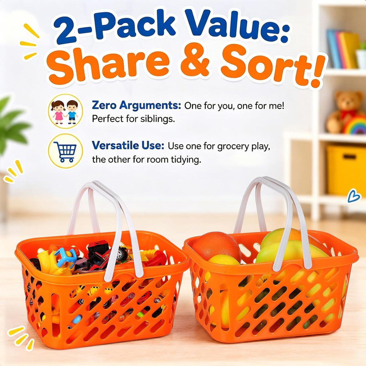 Pretend Play Toy Shopping Basket 2 Pack - Orange Plastic Grocery Baskets with Handles for Toddlers, Mini Market Kitchen Accessories & Play Food Storage