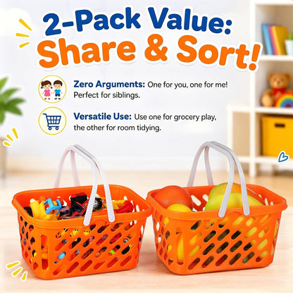 Pretend Play Toy Shopping Basket 2 Pack - Orange Plastic Grocery Baskets with Handles for Toddlers, Mini Market Kitchen Accessories & Play Food Storage