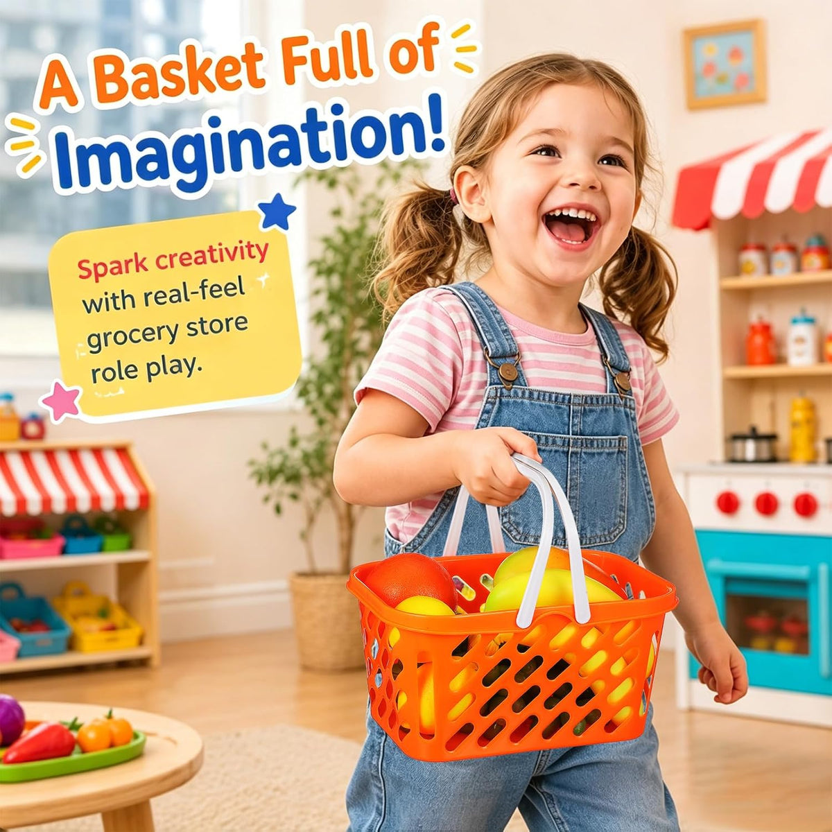 Pretend Play Toy Shopping Basket 2 Pack - Orange Plastic Grocery Baskets with Handles for Toddlers, Mini Market Kitchen Accessories & Play Food Storage