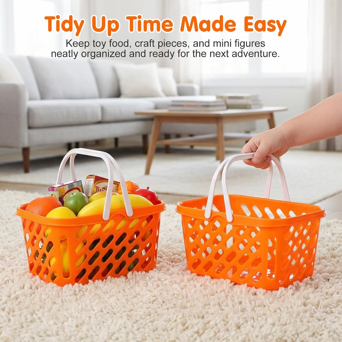 Pretend Play Toy Shopping Basket 2 Pack - Orange Plastic Grocery Baskets with Handles for Toddlers, Mini Market Kitchen Accessories & Play Food Storage