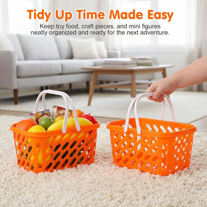 Pretend Play Toy Shopping Basket 2 Pack - Orange Plastic Grocery Baskets with Handles for Toddlers, Mini Market Kitchen Accessories & Play Food Storage