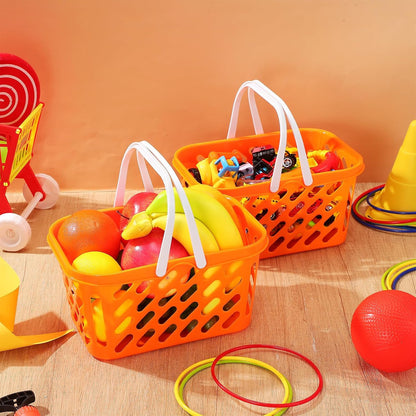 Pretend Play Toy Shopping Basket 2 Pack - Orange Plastic Grocery Baskets with Handles for Toddlers, Mini Market Kitchen Accessories & Play Food Storage