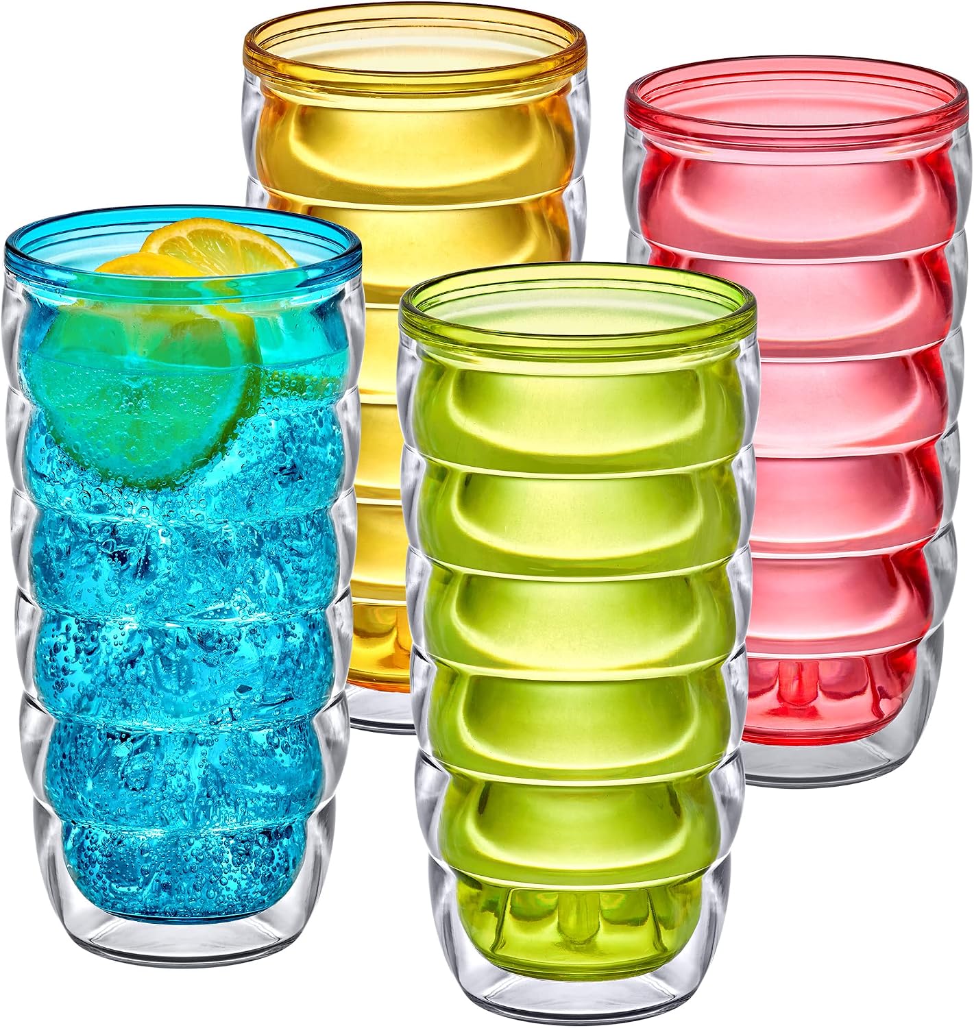 Arctic - 24-Ounce Insulated Plastic Tumblers (Set of 4), Double-Wall Plastic Drinking Glasses, Mixed-Color High-Balls, Reusable Cups, BPA-Free, Shatter-Proof, Dishwasher-Safe