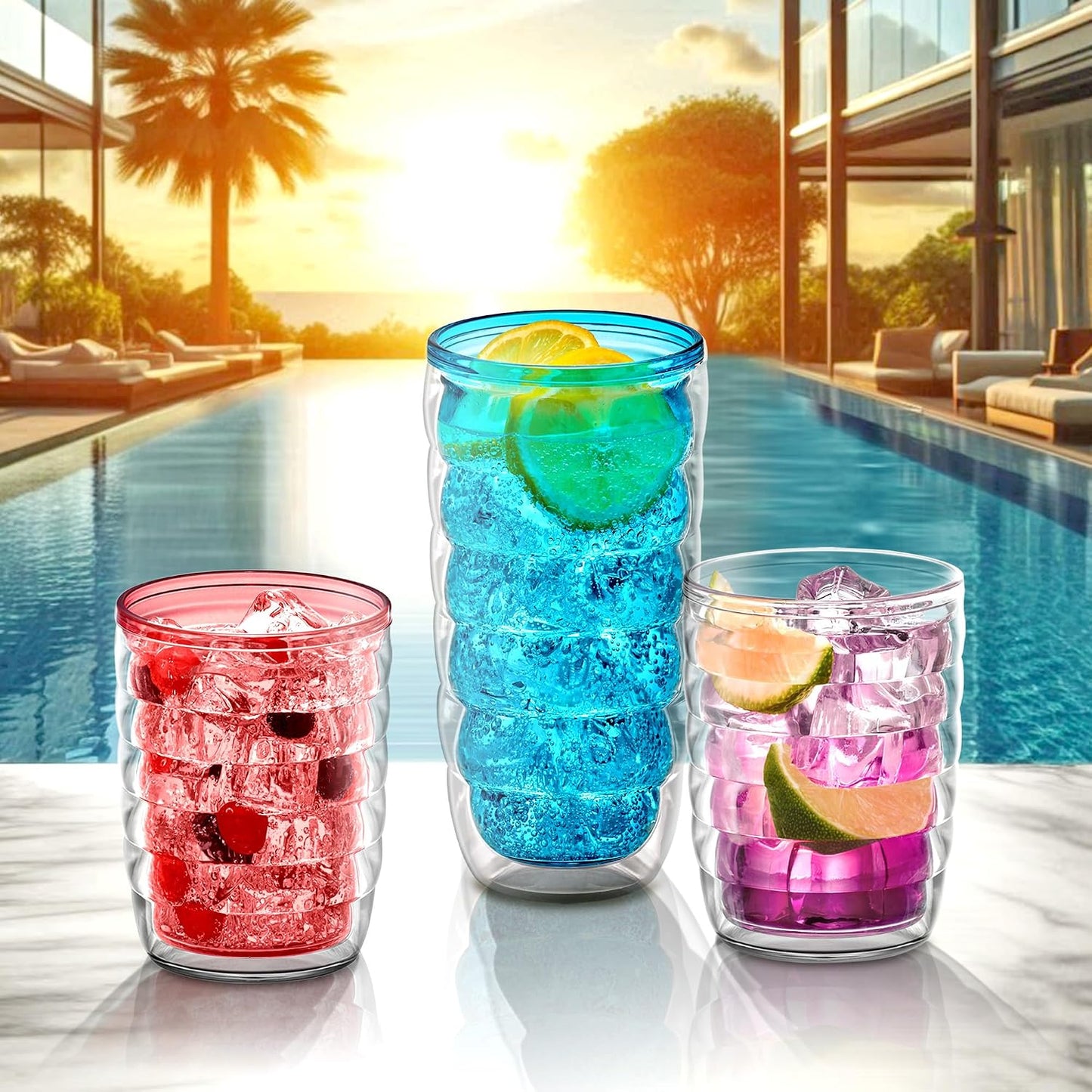 Arctic - 24-Ounce Insulated Plastic Tumblers (Set of 4), Double-Wall Plastic Drinking Glasses, Mixed-Color High-Balls, Reusable Cups, BPA-Free, Shatter-Proof, Dishwasher-Safe