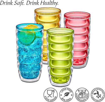 Arctic - 24-Ounce Insulated Plastic Tumblers (Set of 4), Double-Wall Plastic Drinking Glasses, Mixed-Color High-Balls, Reusable Cups, BPA-Free, Shatter-Proof, Dishwasher-Safe