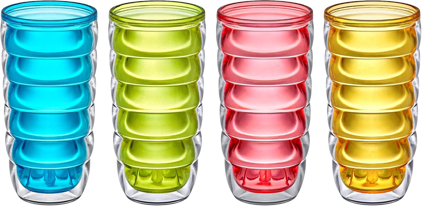 Arctic - 24-Ounce Insulated Plastic Tumblers (Set of 4), Double-Wall Plastic Drinking Glasses, Mixed-Color High-Balls, Reusable Cups, BPA-Free, Shatter-Proof, Dishwasher-Safe