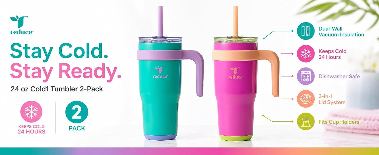 24 oz. Cold1 Tumbler, 2-Pack (Sharp pink and Teal) | Vacuum insulated, 3-in-1 lid, reusable straws, sweat-proof, cupholder fit, hydration tracker, gift-ready