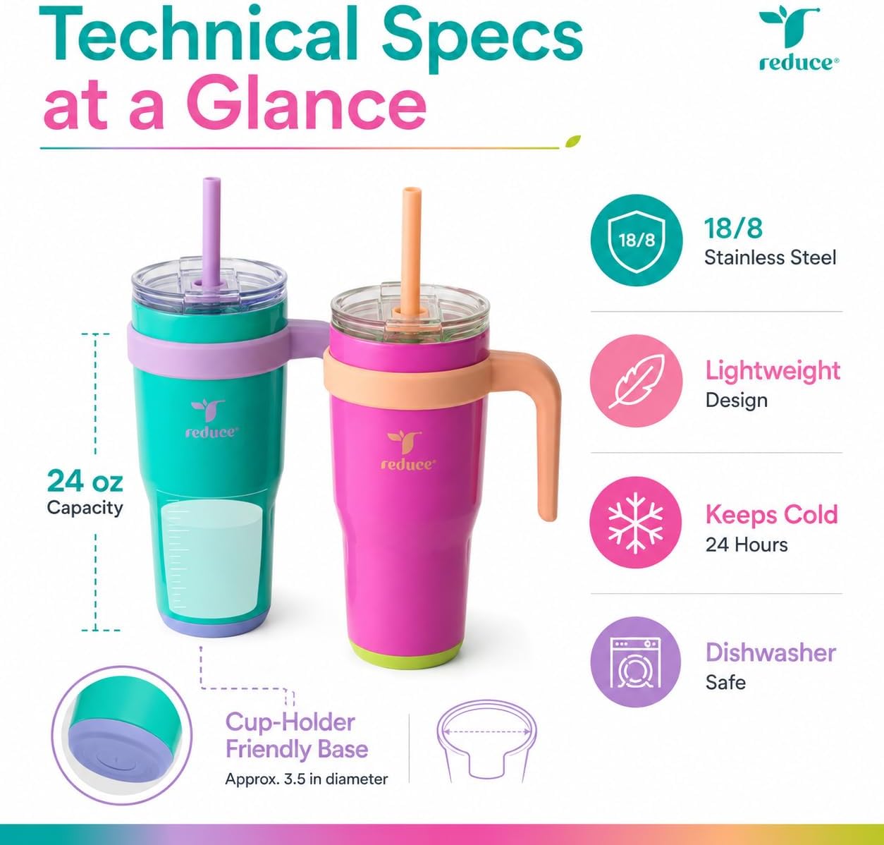 24 oz. Cold1 Tumbler, 2-Pack (Sharp pink and Teal) | Vacuum insulated, 3-in-1 lid, reusable straws, sweat-proof, cupholder fit, hydration tracker, gift-ready