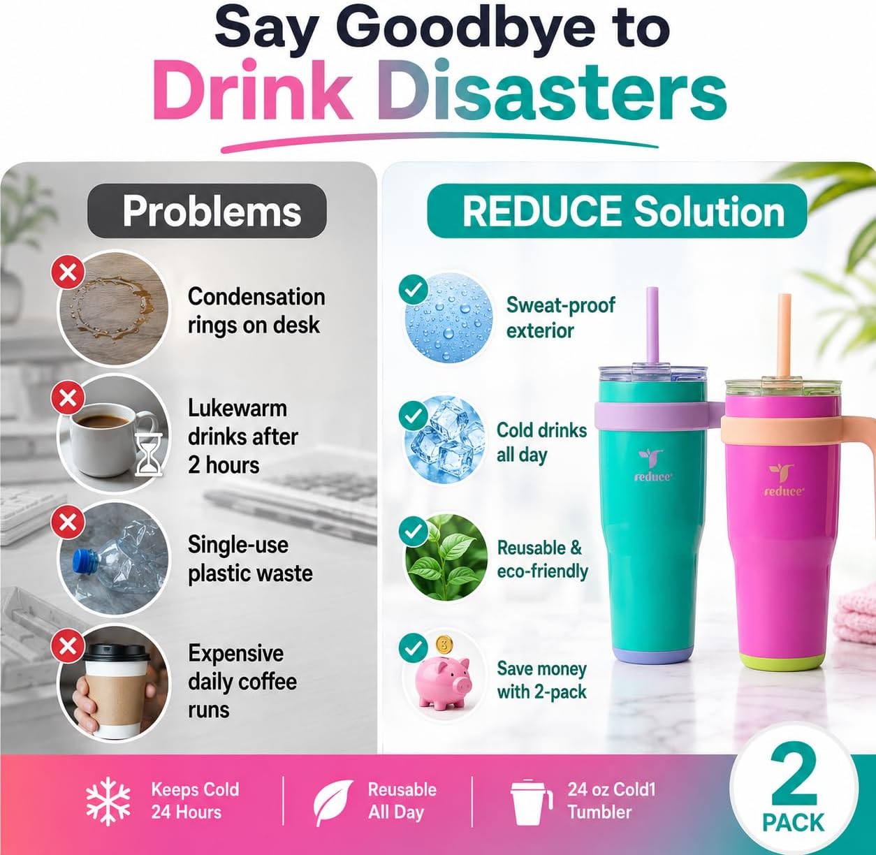 24 oz. Cold1 Tumbler, 2-Pack (Sharp pink and Teal) | Vacuum insulated, 3-in-1 lid, reusable straws, sweat-proof, cupholder fit, hydration tracker, gift-ready