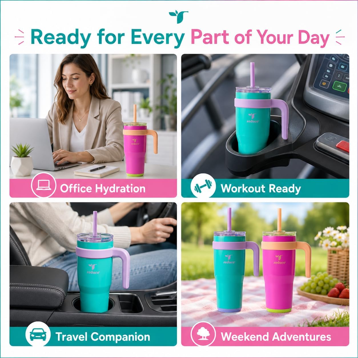 24 oz. Cold1 Tumbler, 2-Pack (Sharp pink and Teal) | Vacuum insulated, 3-in-1 lid, reusable straws, sweat-proof, cupholder fit, hydration tracker, gift-ready