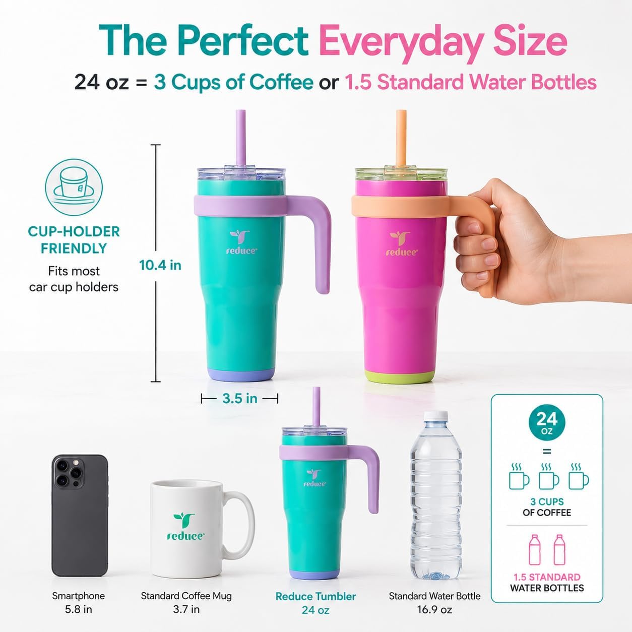 24 oz. Cold1 Tumbler, 2-Pack (Sharp pink and Teal) | Vacuum insulated, 3-in-1 lid, reusable straws, sweat-proof, cupholder fit, hydration tracker, gift-ready