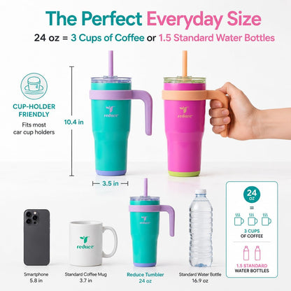24 oz. Cold1 Tumbler, 2-Pack (Sharp pink and Teal) | Vacuum insulated, 3-in-1 lid, reusable straws, sweat-proof, cupholder fit, hydration tracker, gift-ready