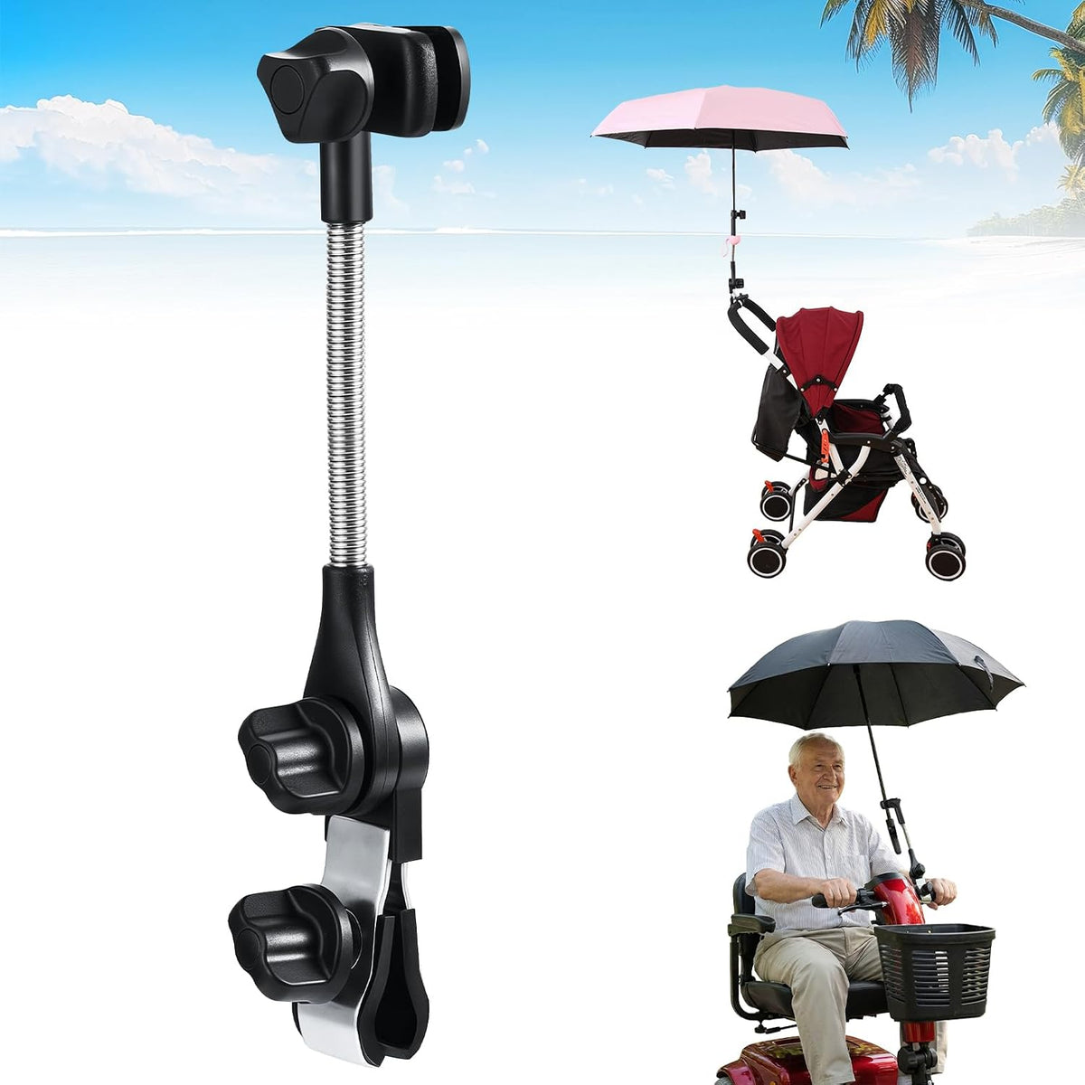 Umbrella Holder for Stroller Chair | 360° Adjustable Clamp Mount - Balck