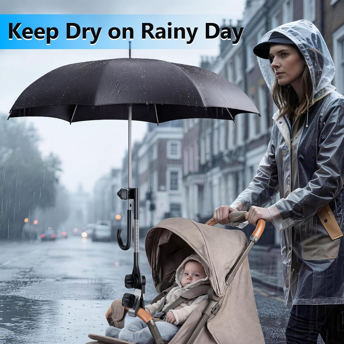 Umbrella Holder for Stroller Chair | 360° Adjustable Clamp Mount - Balck