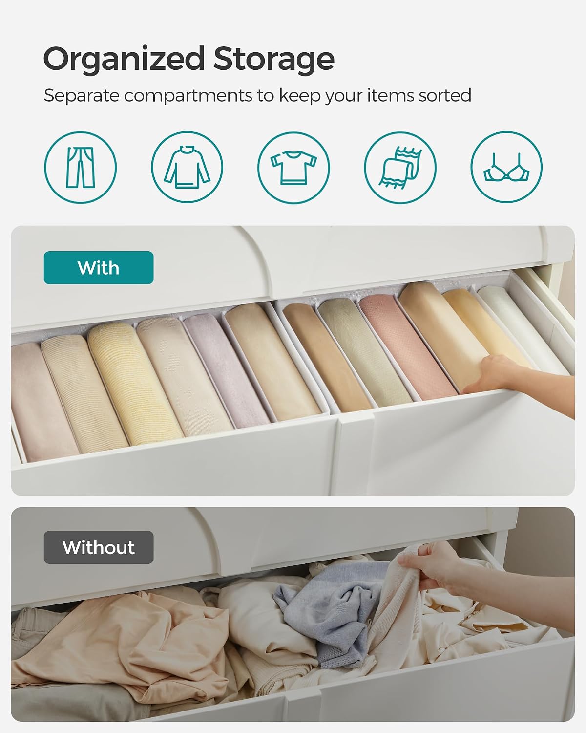 SONGMICS Drawer Clothes Organizers, Large Size 6-Compartment