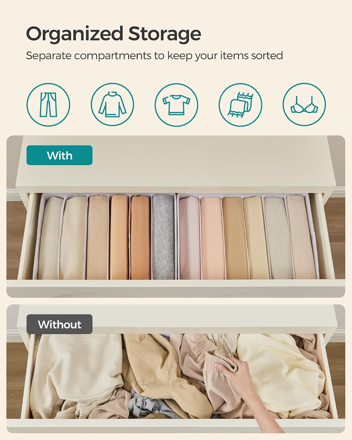 SONGMICS Drawer Clothes Organizers, Large Size 6-Compartment