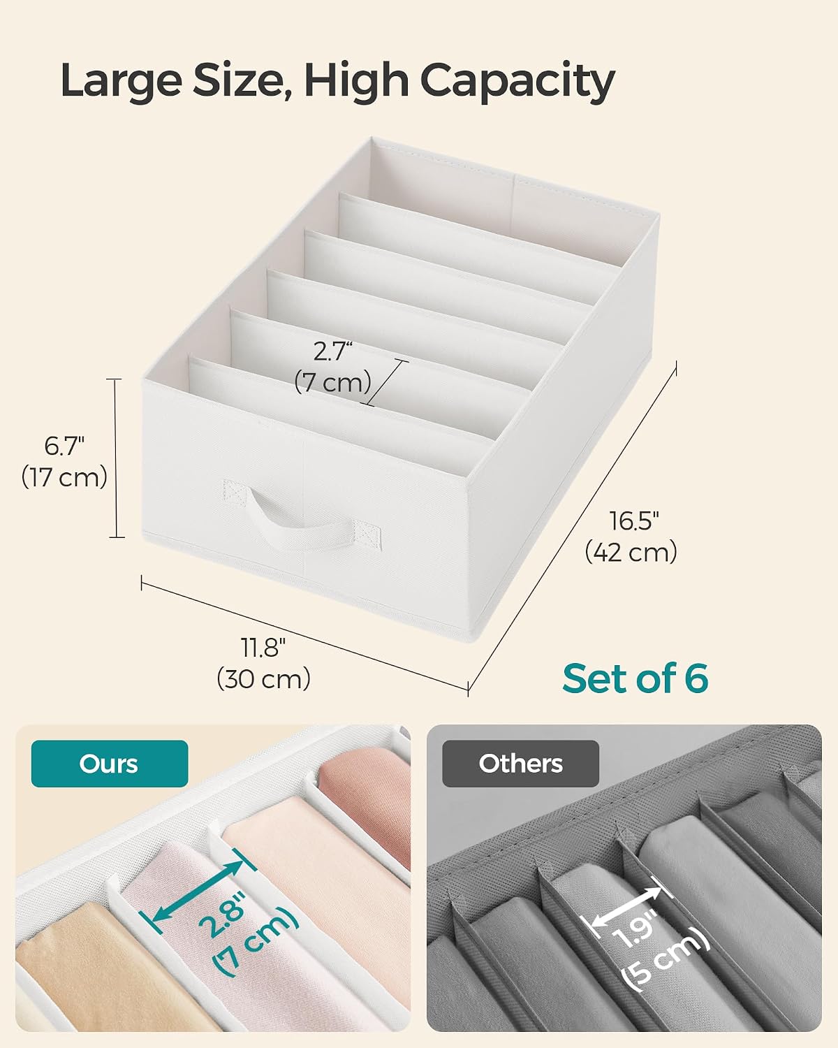 SONGMICS Drawer Clothes Organizers, Large Size 6-Compartment