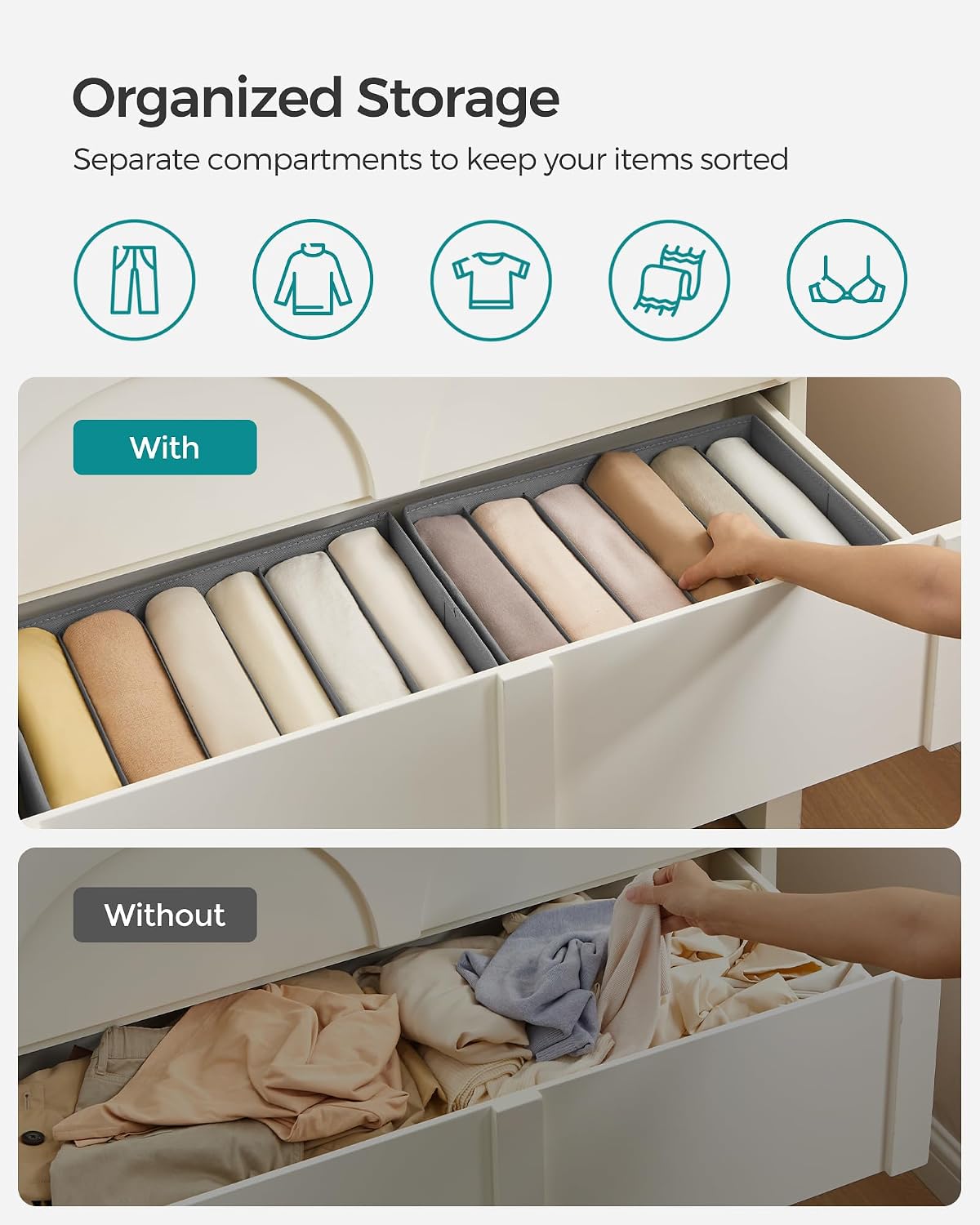 SONGMICS Drawer Clothes Organizers, Large Size 6-Compartment