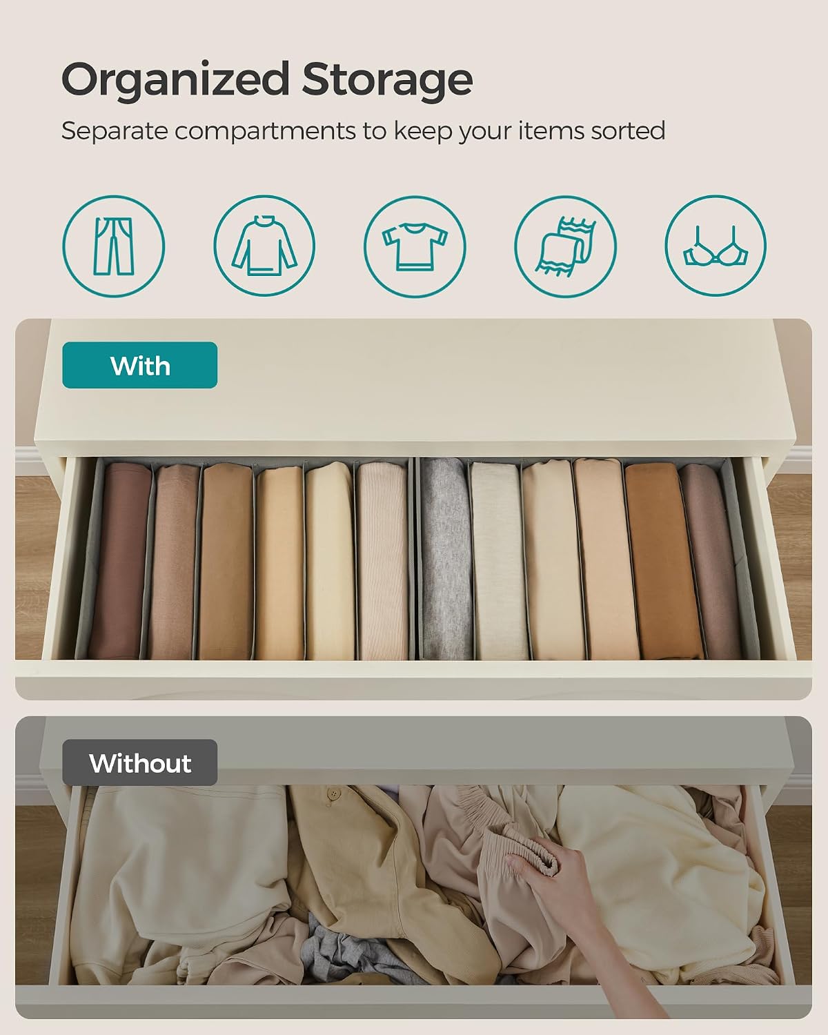 SONGMICS Drawer Clothes Organizers, Large Size 6-Compartment