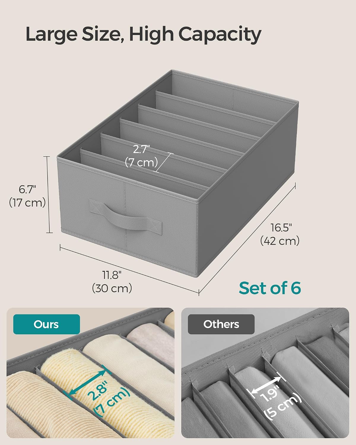SONGMICS Drawer Clothes Organizers, Large Size 6-Compartment