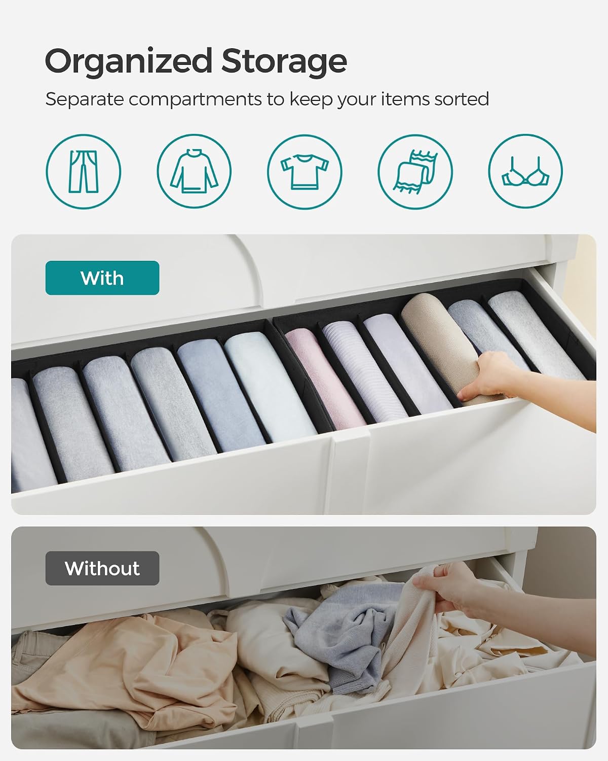 SONGMICS Drawer Clothes Organizers, Large Size 6-Compartment