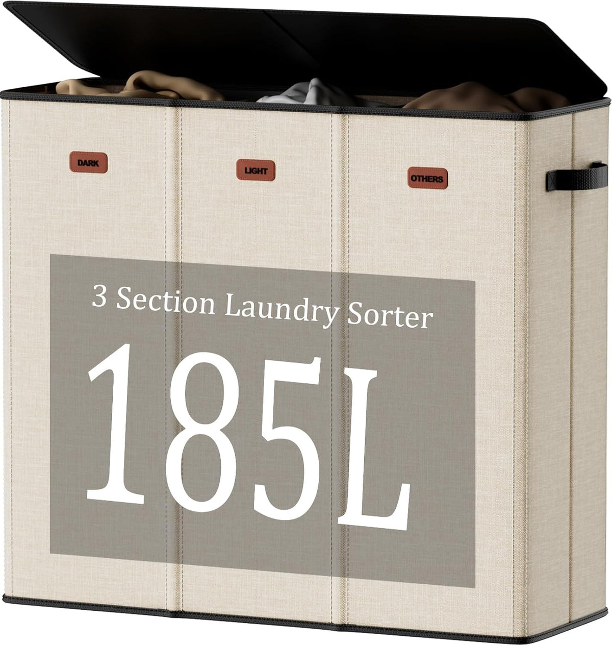 185L Laundry Hamper 3 Section with Lid, Grey Hamper 3 Compartment with 3 Removable Laundry Bags, Large Laundry Basket for Bedroom, Laundry Room, Dorm