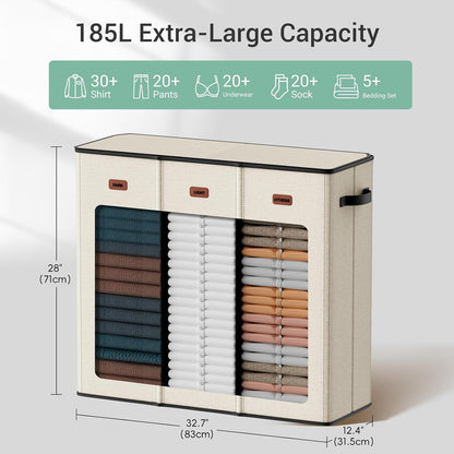 185L Laundry Hamper 3 Section with Lid, Grey Hamper 3 Compartment with 3 Removable Laundry Bags, Large Laundry Basket for Bedroom, Laundry Room, Dorm