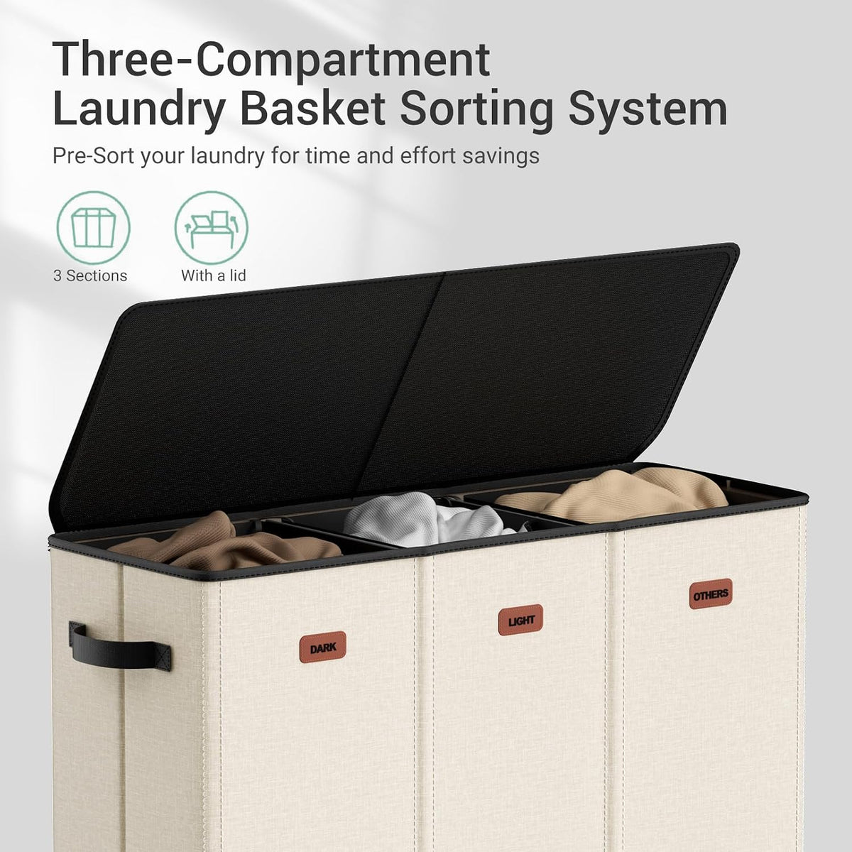 185L Laundry Hamper 3 Section with Lid, Grey Hamper 3 Compartment with 3 Removable Laundry Bags, Large Laundry Basket for Bedroom, Laundry Room, Dorm
