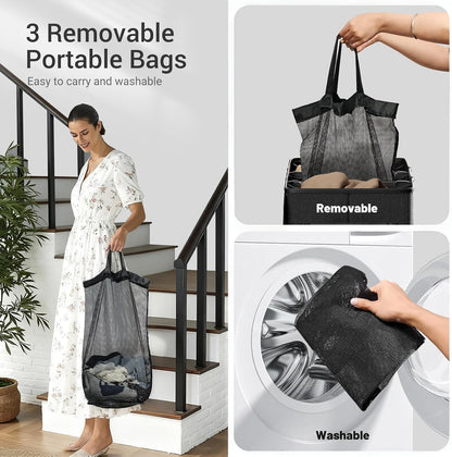 185L Laundry Hamper 3 Section with Lid, Grey Hamper 3 Compartment with 3 Removable Laundry Bags, Large Laundry Basket for Bedroom, Laundry Room, Dorm