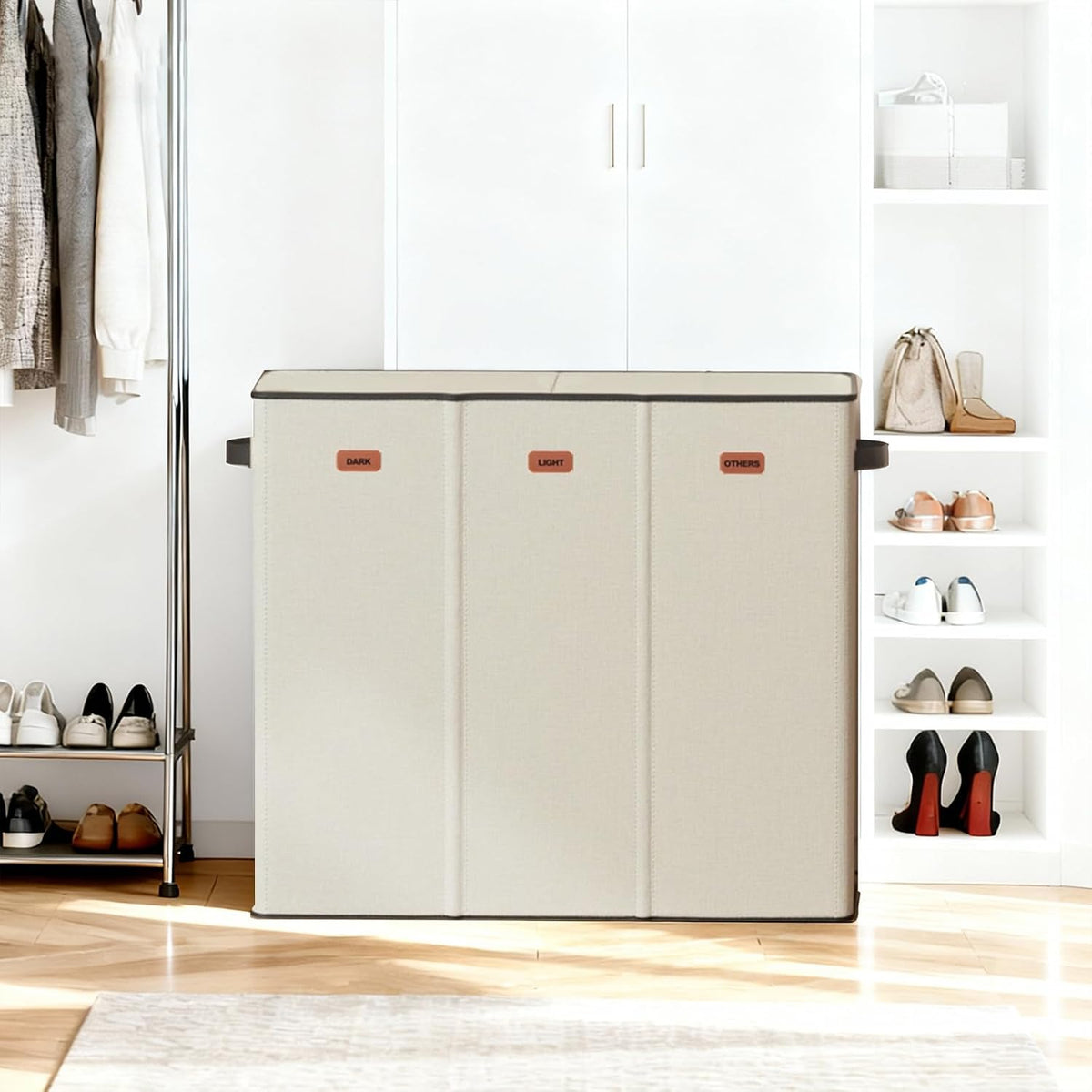 185L Laundry Hamper 3 Section with Lid, Grey Hamper 3 Compartment with 3 Removable Laundry Bags, Large Laundry Basket for Bedroom, Laundry Room, Dorm