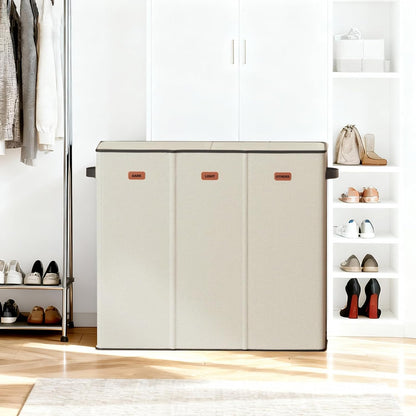185L Laundry Hamper 3 Section with Lid, Grey Hamper 3 Compartment with 3 Removable Laundry Bags, Large Laundry Basket for Bedroom, Laundry Room, Dorm