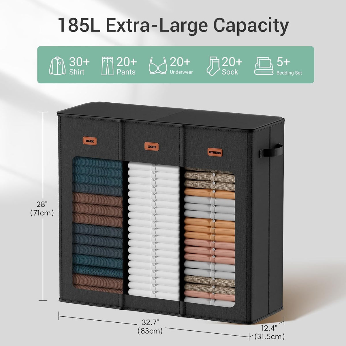 185L Laundry Hamper 3 Section with Lid, Grey Hamper 3 Compartment with 3 Removable Laundry Bags, Large Laundry Basket for Bedroom, Laundry Room, Dorm