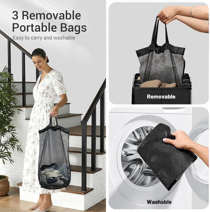 185L Laundry Hamper 3 Section with Lid, Grey Hamper 3 Compartment with 3 Removable Laundry Bags, Large Laundry Basket for Bedroom, Laundry Room, Dorm