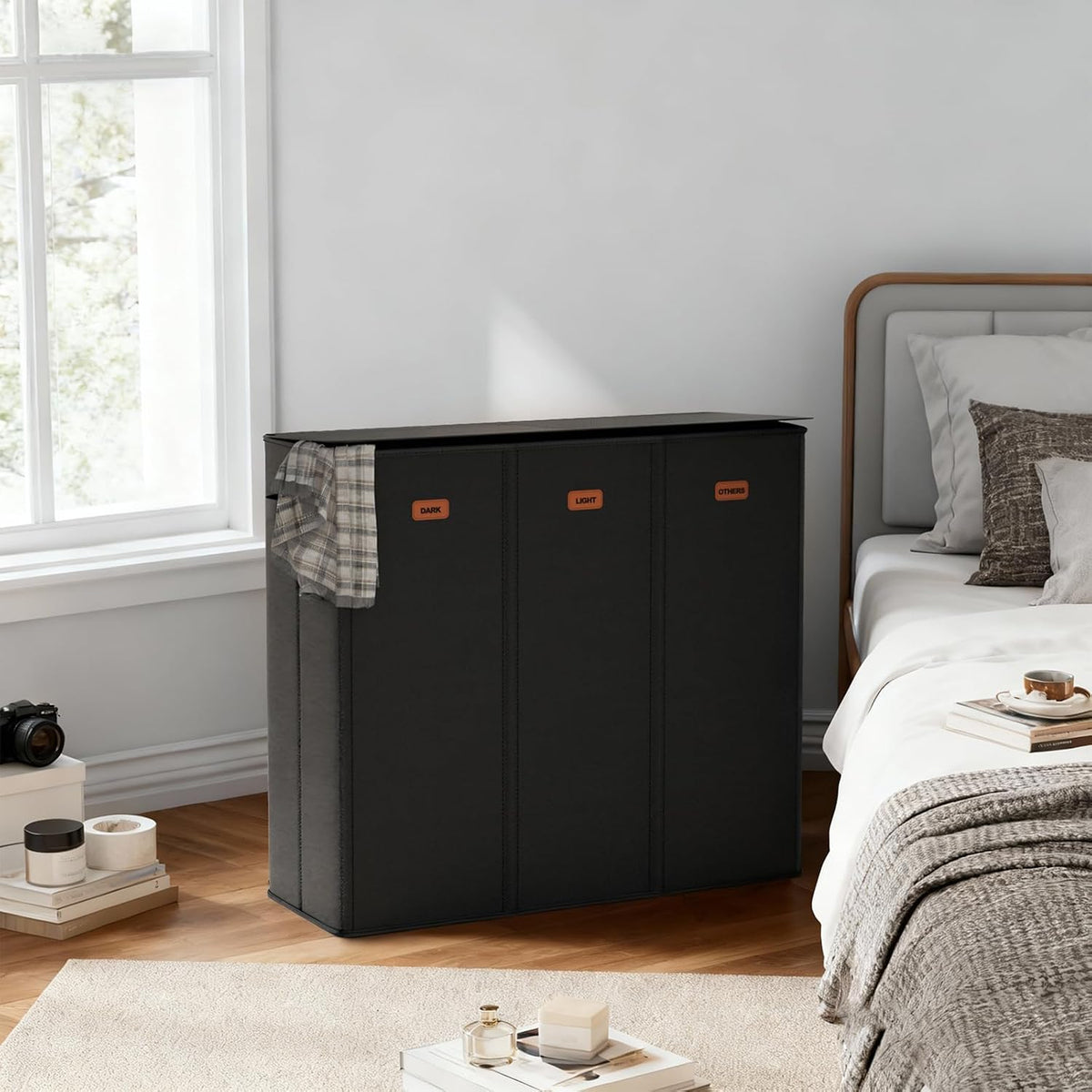 185L Laundry Hamper 3 Section with Lid, Grey Hamper 3 Compartment with 3 Removable Laundry Bags, Large Laundry Basket for Bedroom, Laundry Room, Dorm