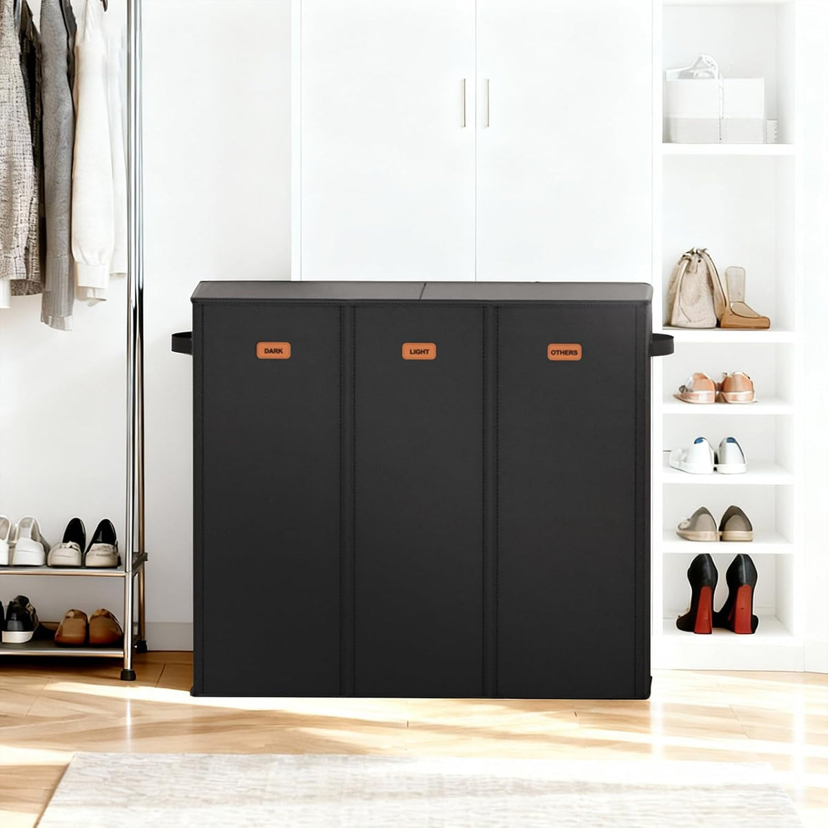 185L Laundry Hamper 3 Section with Lid, Grey Hamper 3 Compartment with 3 Removable Laundry Bags, Large Laundry Basket for Bedroom, Laundry Room, Dorm