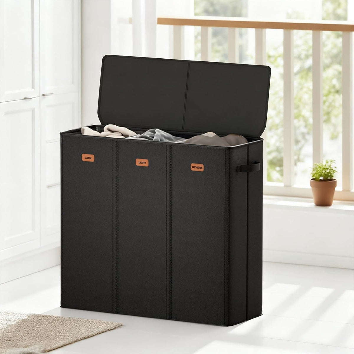 185L Laundry Hamper 3 Section with Lid, Grey Hamper 3 Compartment with 3 Removable Laundry Bags, Large Laundry Basket for Bedroom, Laundry Room, Dorm