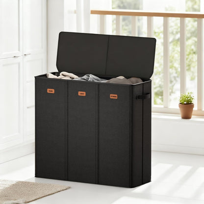 185L Laundry Hamper 3 Section with Lid, Grey Hamper 3 Compartment with 3 Removable Laundry Bags, Large Laundry Basket for Bedroom, Laundry Room, Dorm