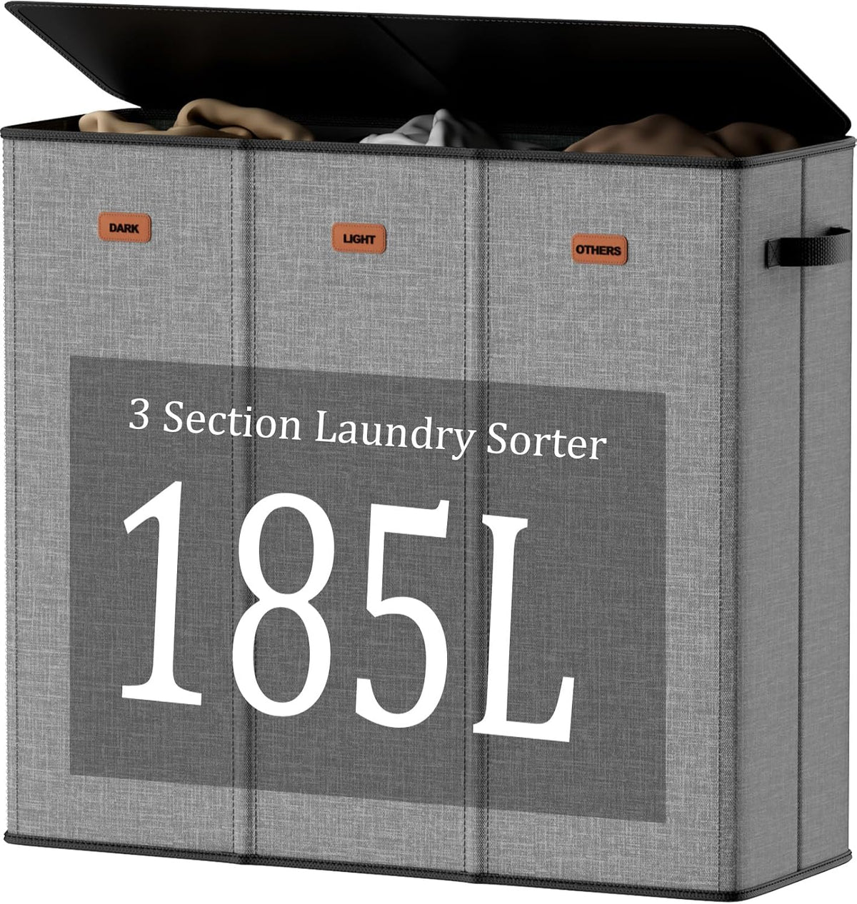 185L Laundry Hamper 3 Section with Lid, Grey Hamper 3 Compartment with 3 Removable Laundry Bags, Large Laundry Basket for Bedroom, Laundry Room, Dorm