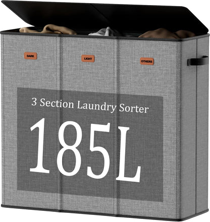185L Laundry Hamper 3 Section with Lid, Grey Hamper 3 Compartment with 3 Removable Laundry Bags, Large Laundry Basket for Bedroom, Laundry Room, Dorm