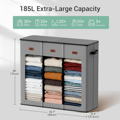 185L Laundry Hamper 3 Section with Lid, Grey Hamper 3 Compartment with 3 Removable Laundry Bags, Large Laundry Basket for Bedroom, Laundry Room, Dorm