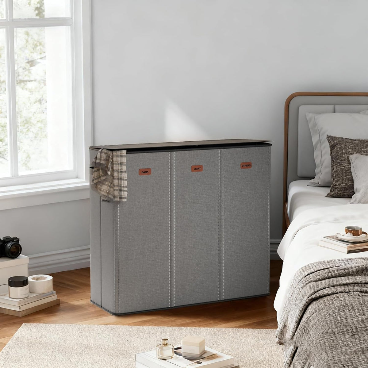 185L Laundry Hamper 3 Section with Lid, Grey Hamper 3 Compartment with 3 Removable Laundry Bags, Large Laundry Basket for Bedroom, Laundry Room, Dorm