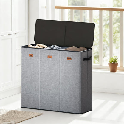185L Laundry Hamper 3 Section with Lid, Grey Hamper 3 Compartment with 3 Removable Laundry Bags, Large Laundry Basket for Bedroom, Laundry Room, Dorm