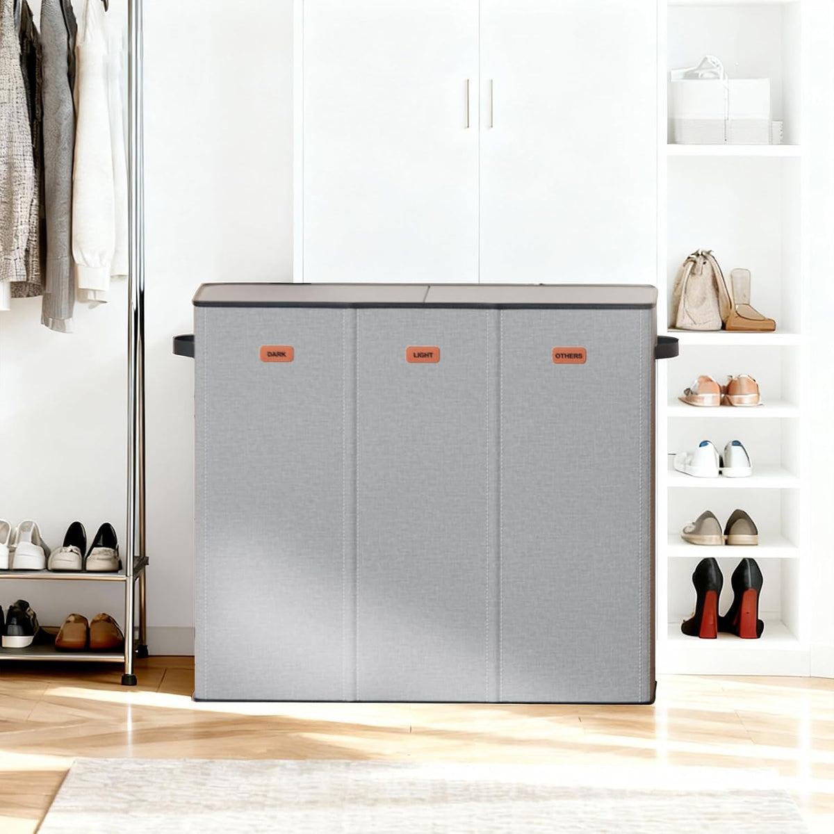 185L Laundry Hamper 3 Section with Lid, Grey Hamper 3 Compartment with 3 Removable Laundry Bags, Large Laundry Basket for Bedroom, Laundry Room, Dorm