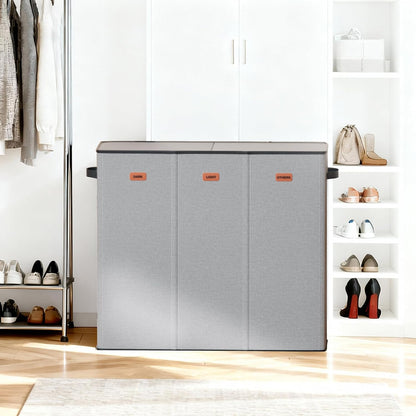 185L Laundry Hamper 3 Section with Lid, Grey Hamper 3 Compartment with 3 Removable Laundry Bags, Large Laundry Basket for Bedroom, Laundry Room, Dorm
