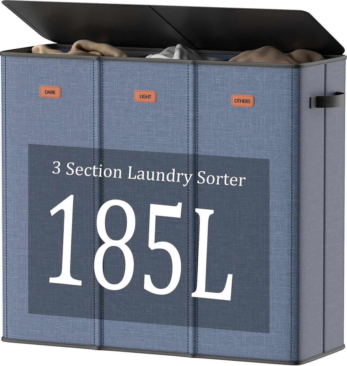 185L Laundry Hamper 3 Section with Lid, Grey Hamper 3 Compartment with 3 Removable Laundry Bags, Large Laundry Basket for Bedroom, Laundry Room, Dorm