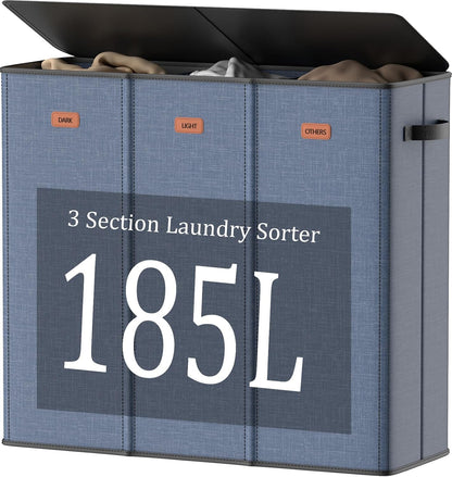 185L Laundry Hamper 3 Section with Lid, Grey Hamper 3 Compartment with 3 Removable Laundry Bags, Large Laundry Basket for Bedroom, Laundry Room, Dorm